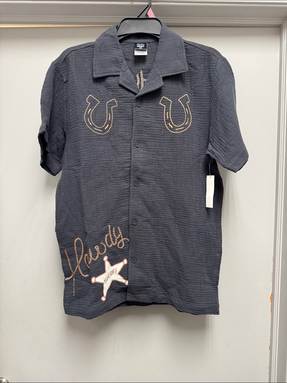 Disney Black Short-Sleeve Button-Down with Horseshoe & Sheriff Star Embroidery‎